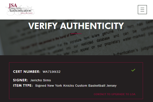 Jericho Sims New York Knicks Playera autografiada firma autentificada por la compañía JSA con el número WA719932