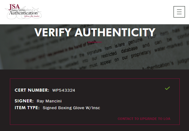Ray Mancini Guante autografiado firma autentificada por la compañía JSA con el número WP543324.
