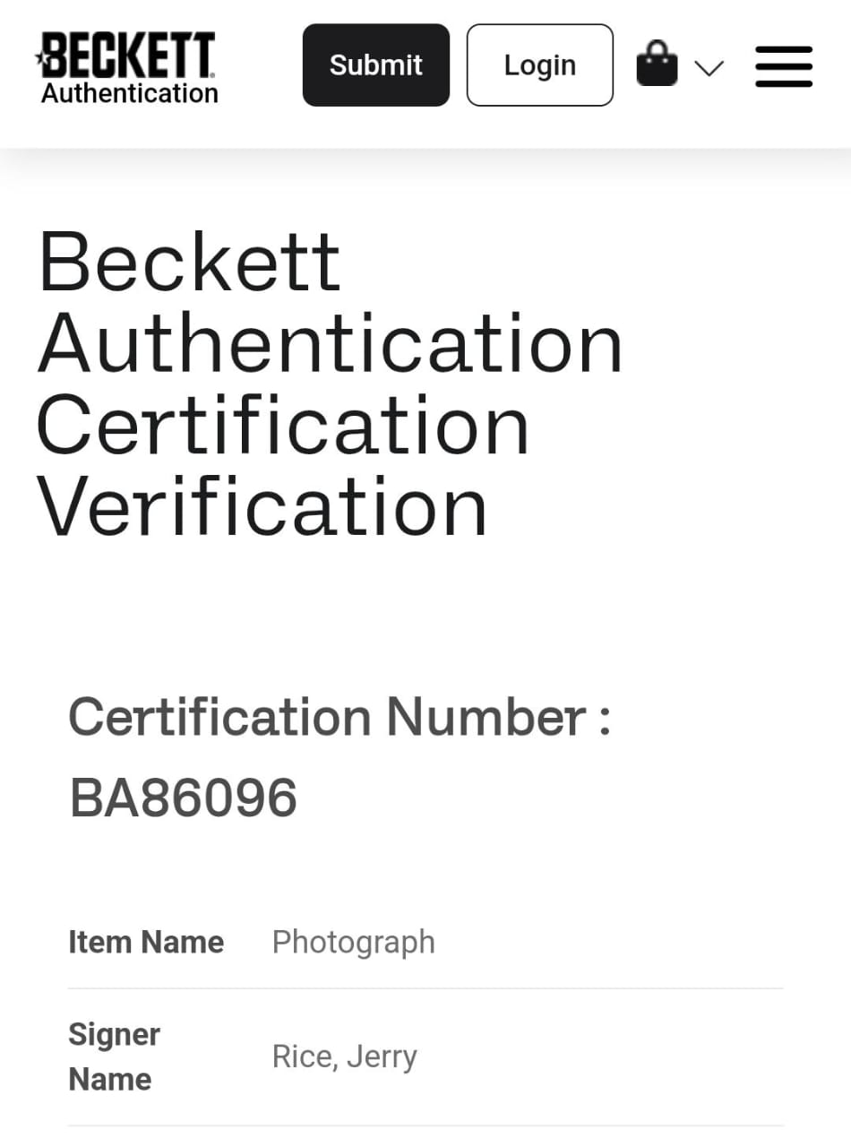 Jerry Rice atrapando Fotografía San Francisco 49ers autografiada firma certificada por Beckett BA86096.