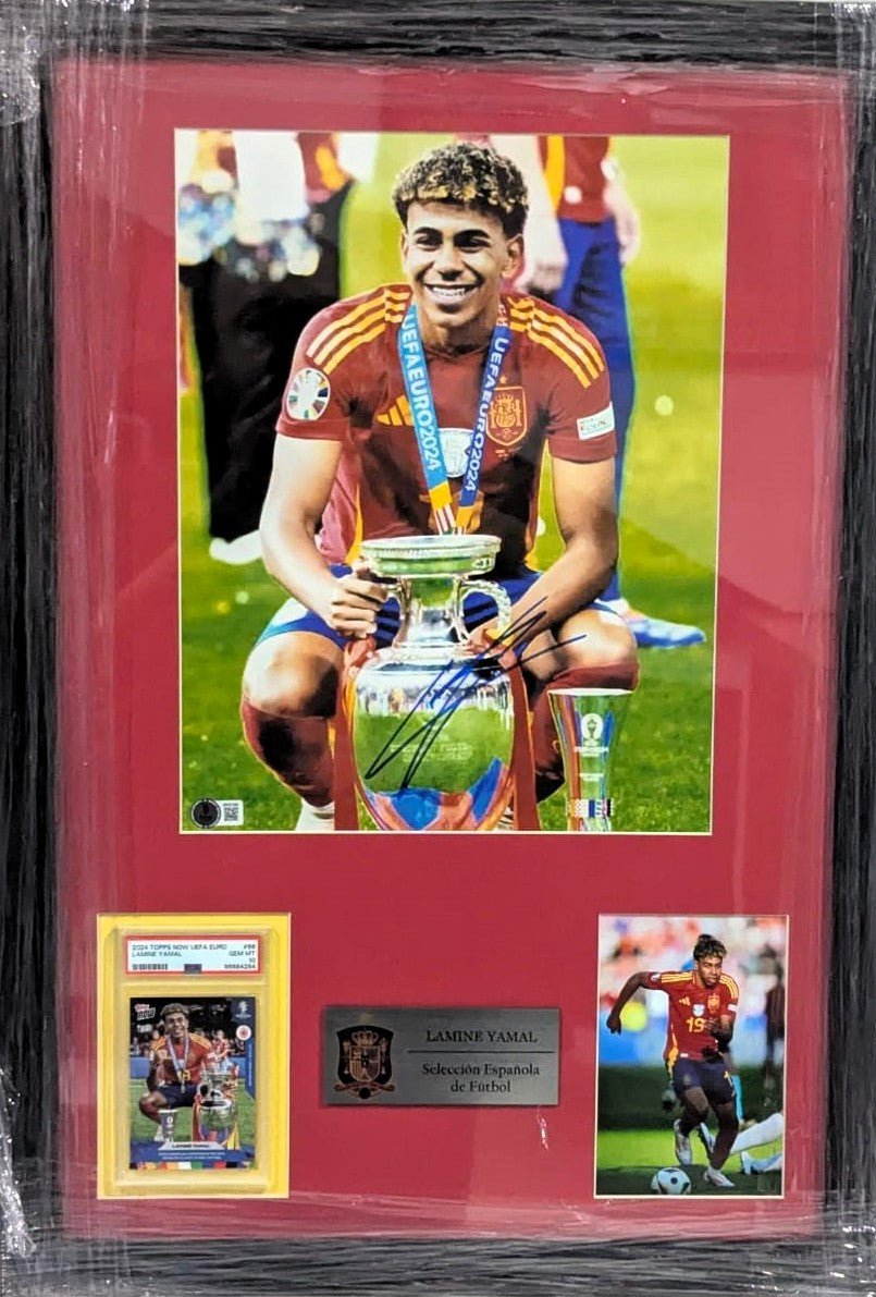 Lamine Yamal Copa de España fotografía autografiada firma certificada por Beckett 2W221268 con tarjeta Enmarcada