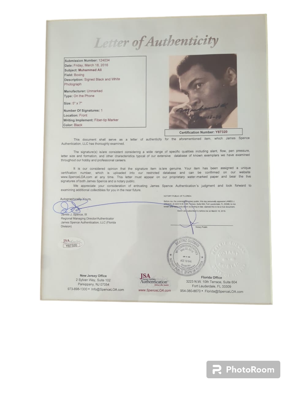 Muhammad Ali Fotografía Autografiada certificado JSA número Y87320