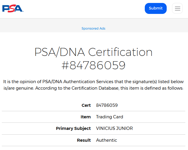 Vinicius Junior tarjeta Real Madrid autografiada enmarcada certificado del autógrafo por PSA 84786059.