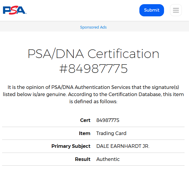 Dale Earnhardt Jr. tarjeta autografiada certificada por PSA 84987775