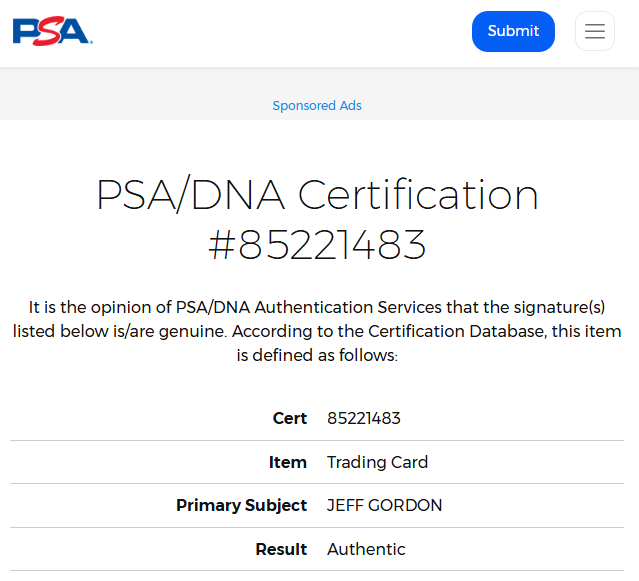 Jeff Gordon tarjeta autografiada certificada por PSA 85221483