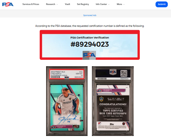 Javier “Chicharito” Hernández Tarjeta LA Galaxy autografiada autenticada por PSA # 89294023.