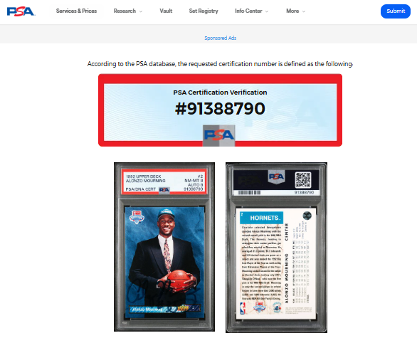 Alonzo Mourning Tarjeta Charlotte Hornets autografiada autenticada por PSA 91388790.