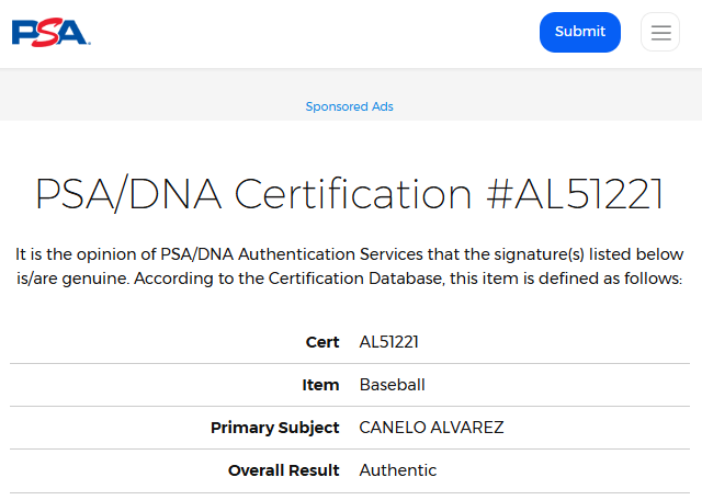Canelo Álvarez Única Pelota de Baseball Rawling firmada por el boxeador firma certificada por PSA/DNA AL51221