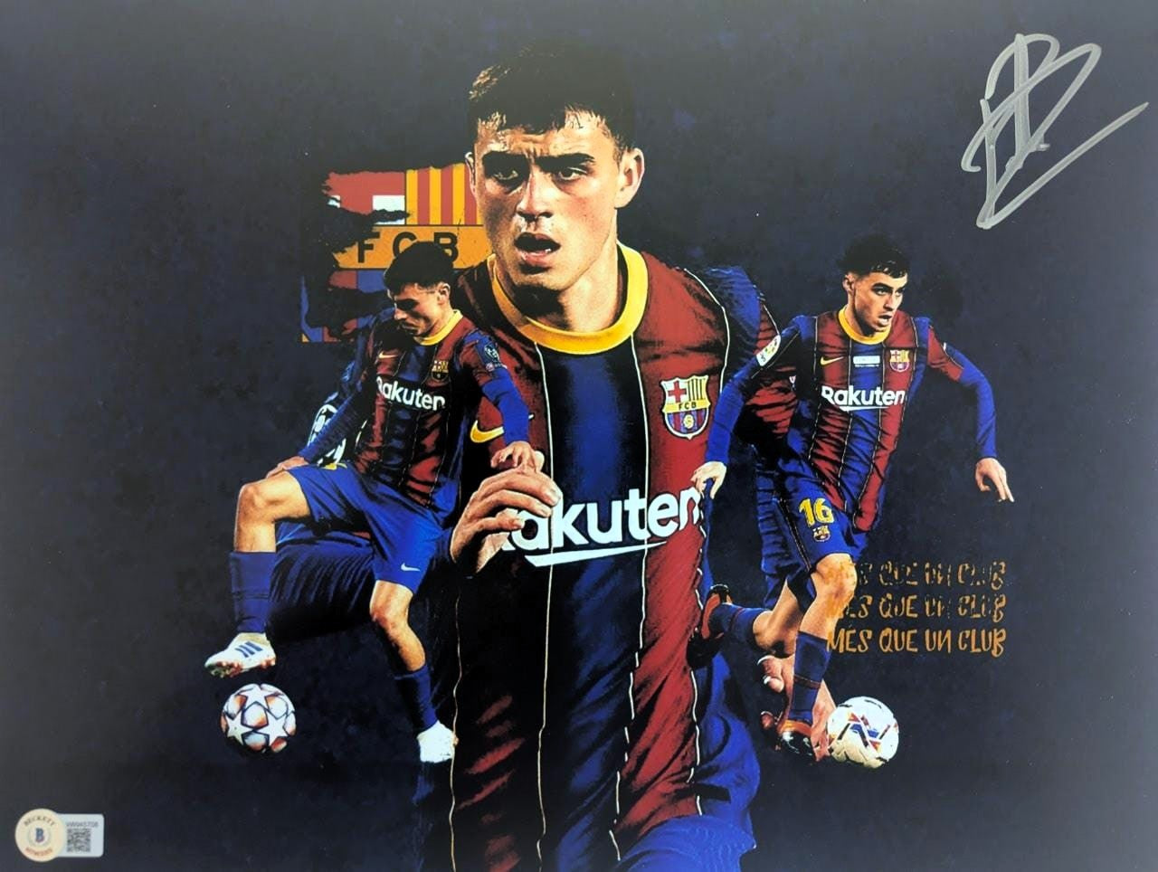 Pedri Fotografía Barcelona autografiada, firma certificada por la compañía Beckett con el número WW45708.
