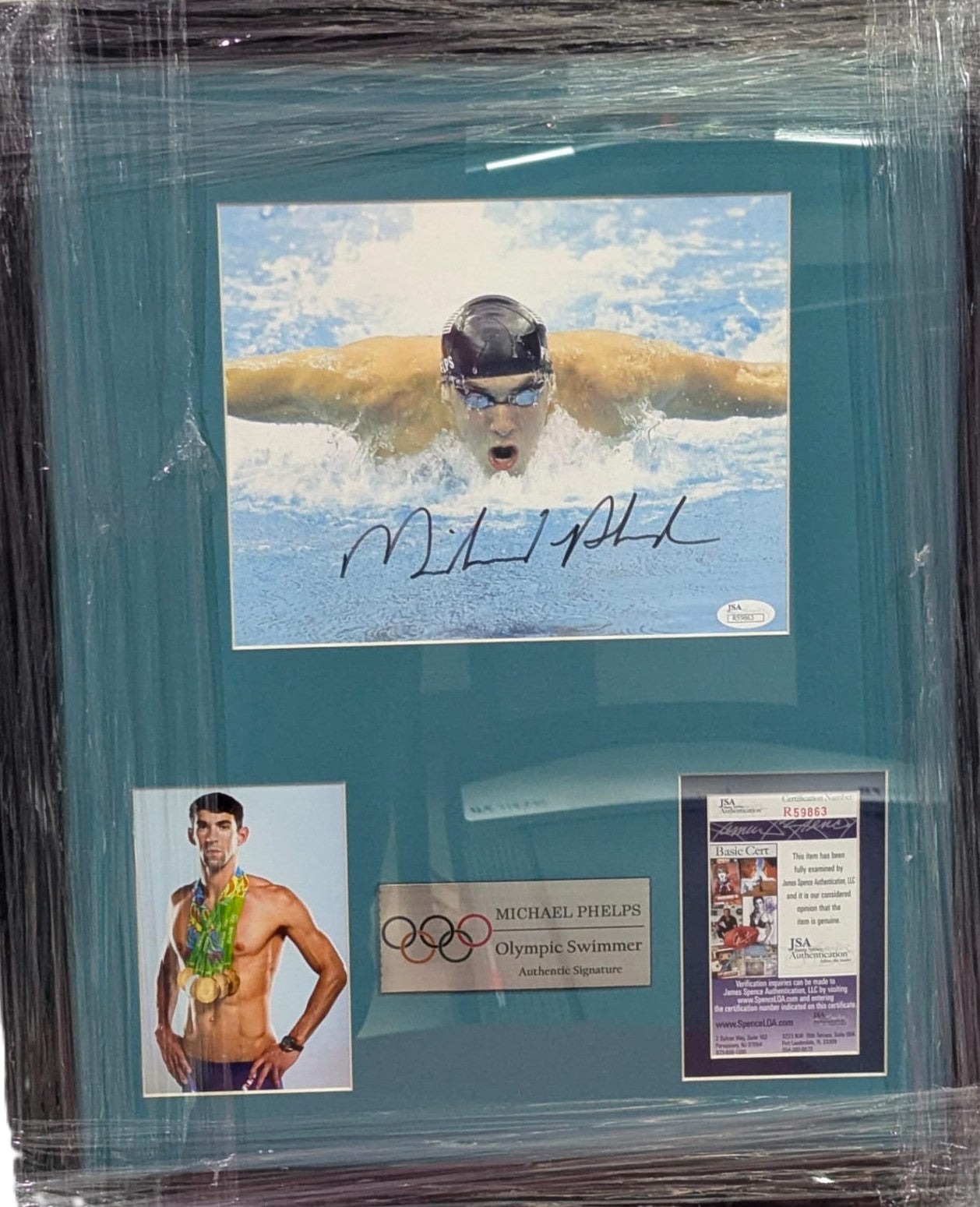Michael Phelps Fotografía Autografiada Enmarcada firma certificada por JSA R59863.