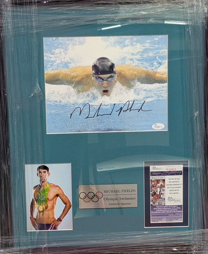Michael Phelps Fotografía Autografiada Enmarcada firma certificada por JSA R59863.
