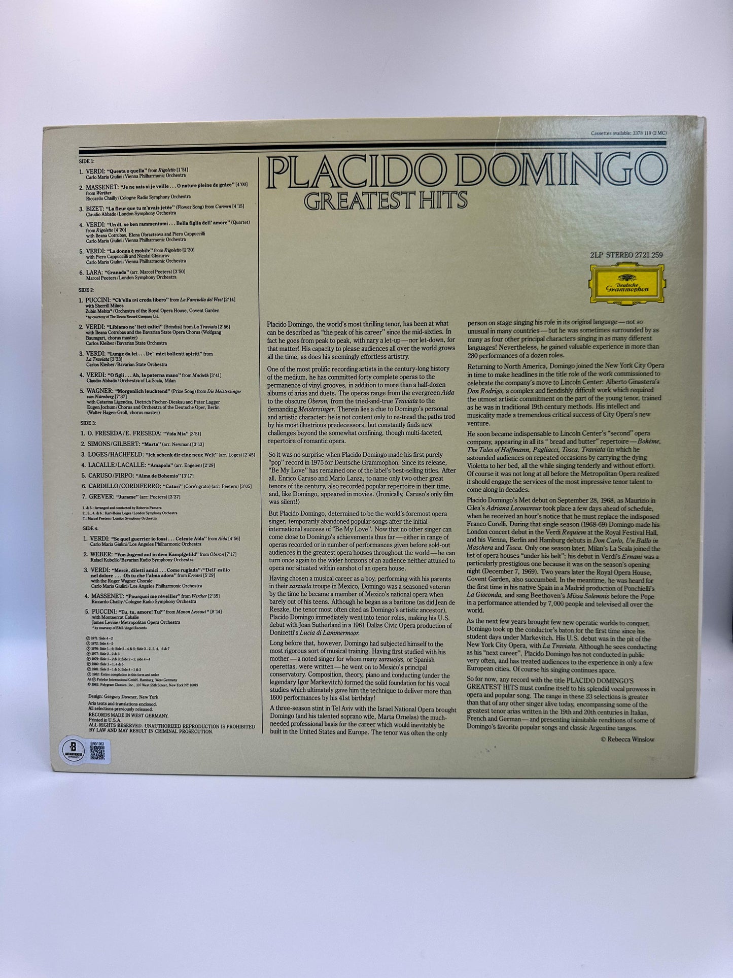Placido Domingo Vinil autografiado firma certificada por Beckett BN51363