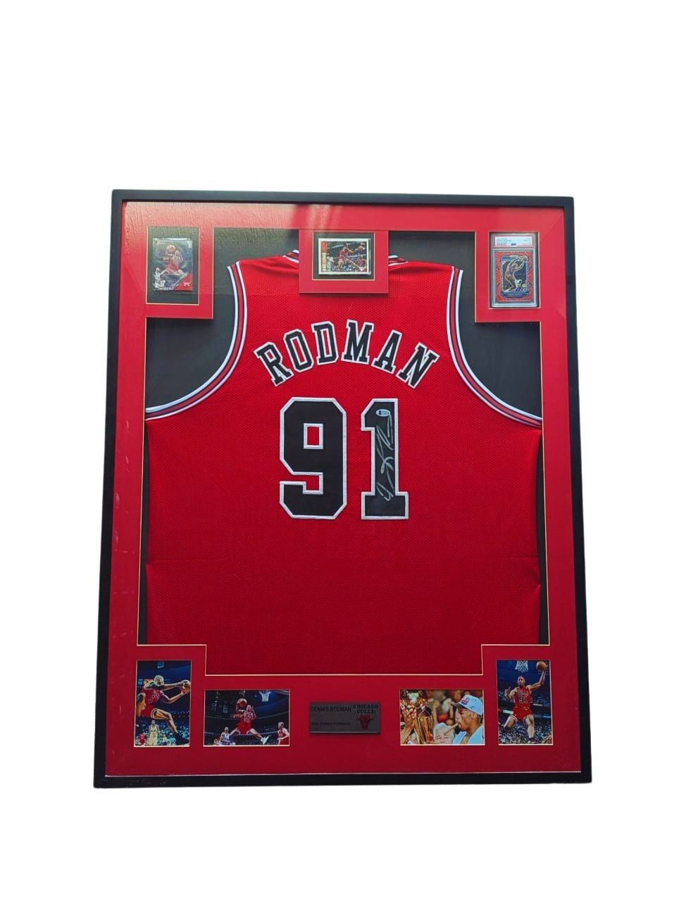 Dennis Rodman Playera autografiada autenticada por Beckett V33270 con tarjeta Enmarcada