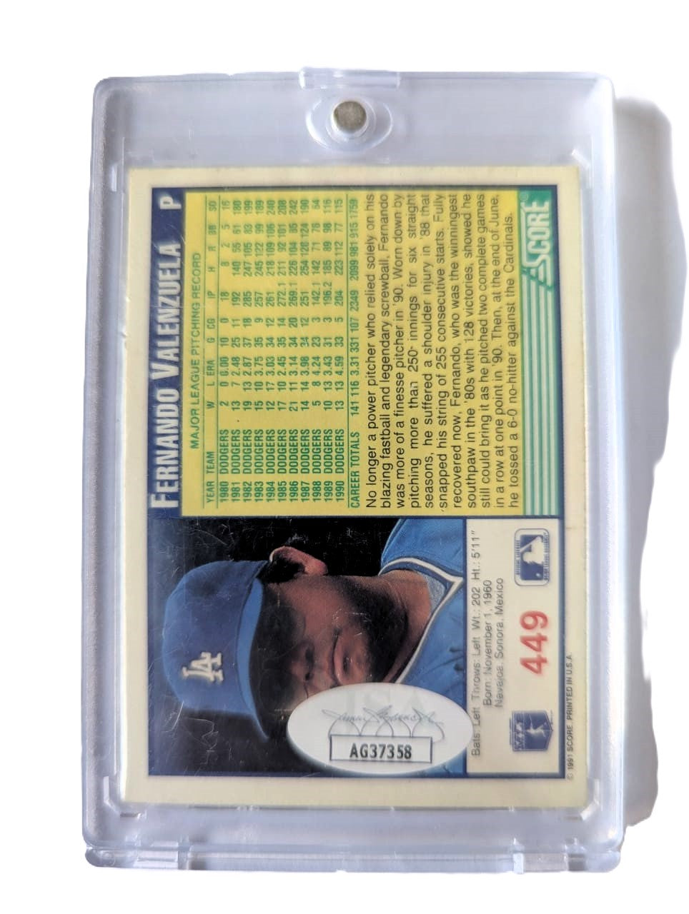 Fernando Valenzuela Tarjeta Dodgers Autografiada Certificada por JSA AG37358.