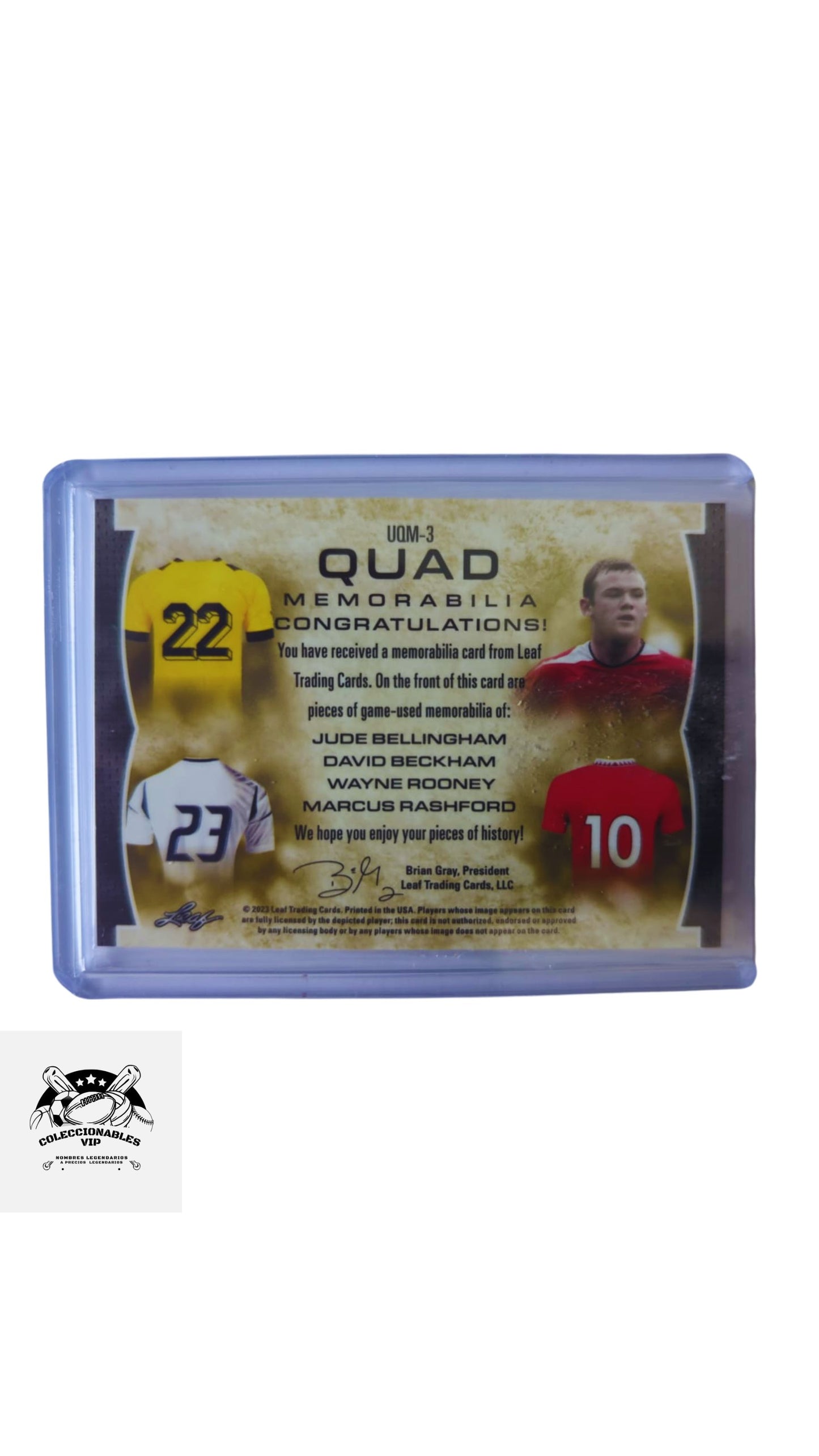 Jude Bellingham y Wayne Rooney Tarjeta UQM-3 Leaf en el frente de la tarjeta encontrarás pieza de playera utilizada durante el juego.