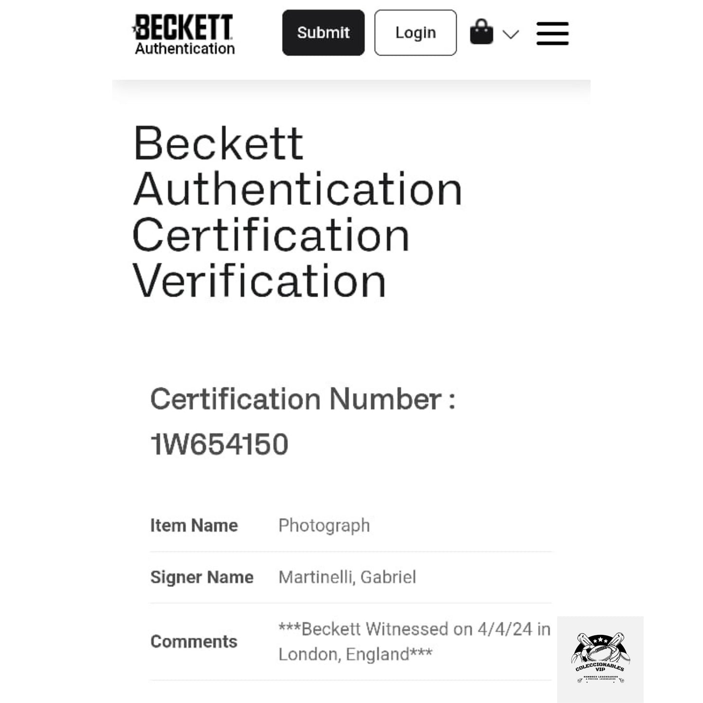 Gabriel Martinelli Brasil fotografía autografiada firma certificada por Beckett 1W654150