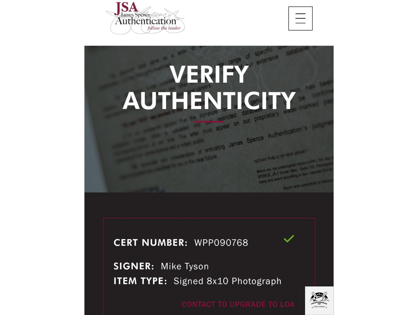 Mike Tyson fotografía autografiada certificada por JSA WPP090768