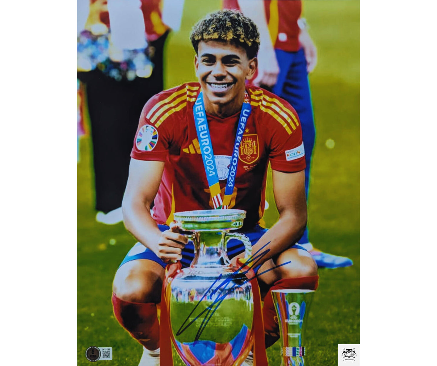 Lamine Yamal Copa de España fotografía autografiada firma certificada por Beckett 2W221268 con tarjeta Enmarcada