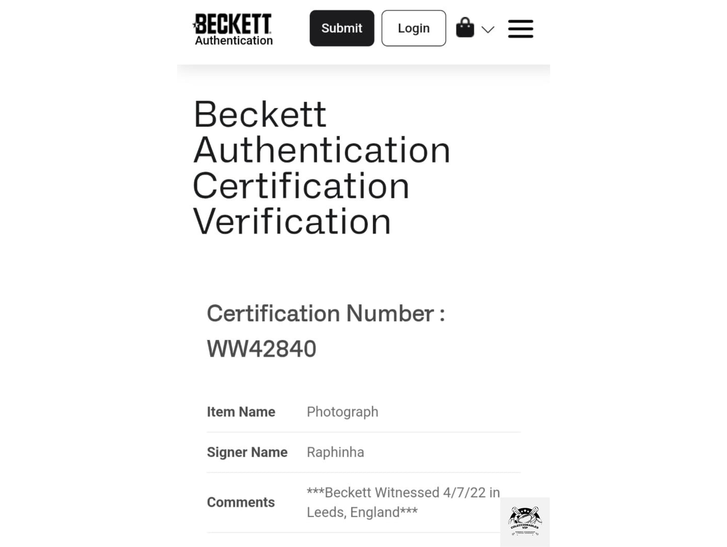 Raphinha Fotografía Brasil autografiada firma certificada por Beckett WW42839 y WW42840