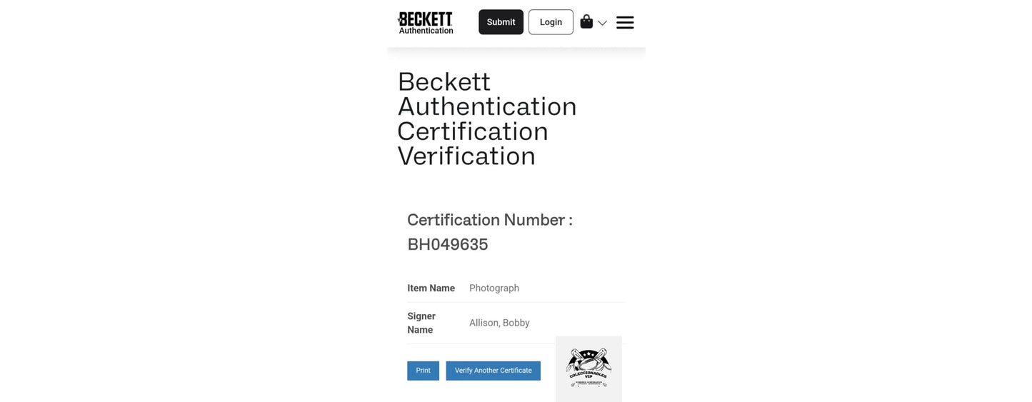 Bobby Allison fotografía autografiada certificada por Beckett BH049635