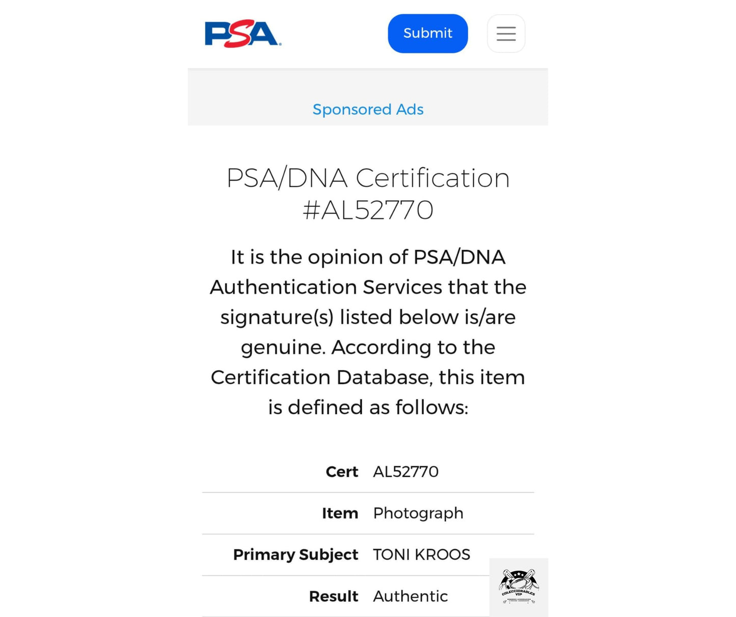 Toni Kroos fotografía Real Madrid autografiada certificada por PSA AL52770