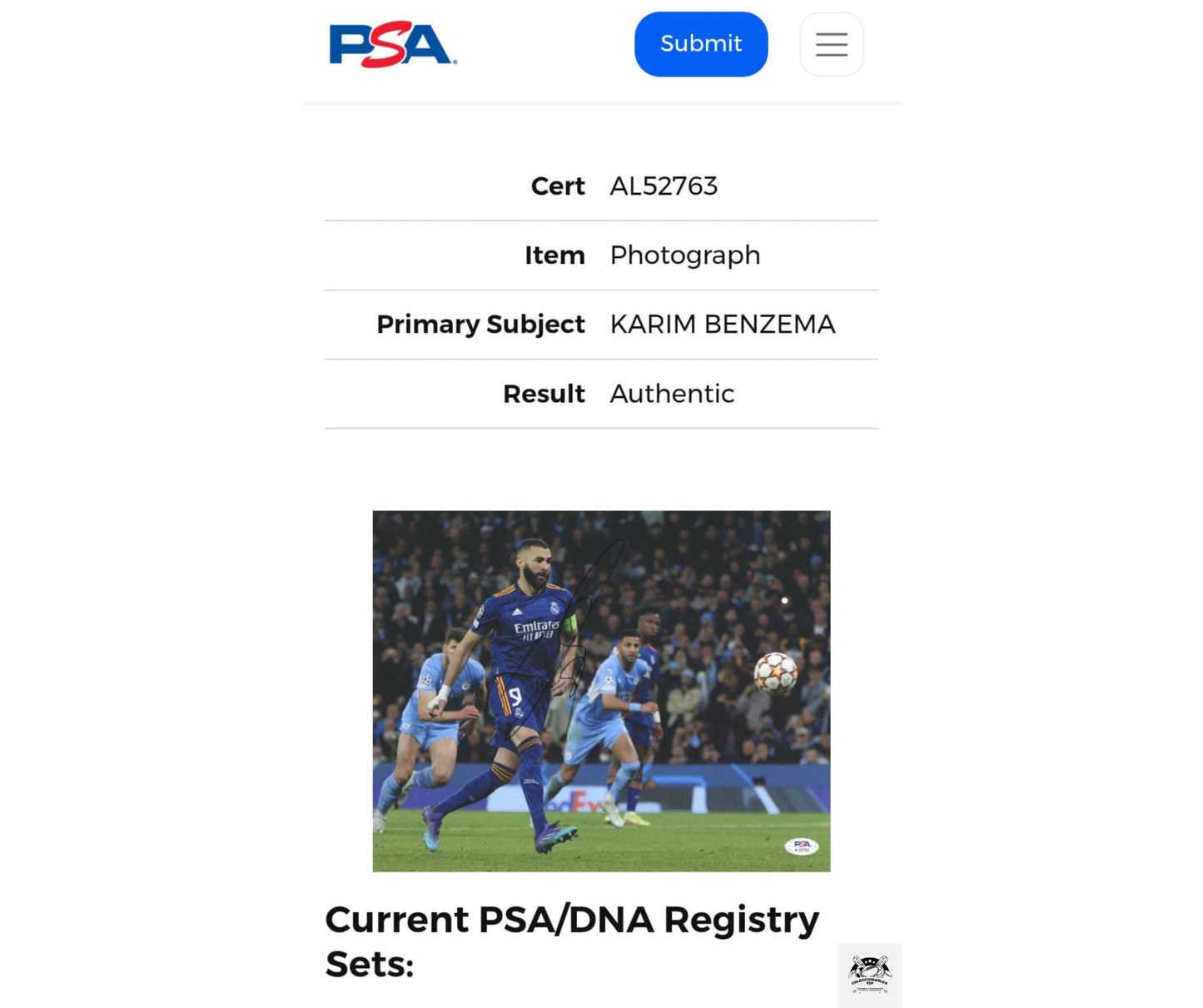 Karim Benzema Real Madrid uniforme azul fotografía autografiada certificada por PSA AL52763