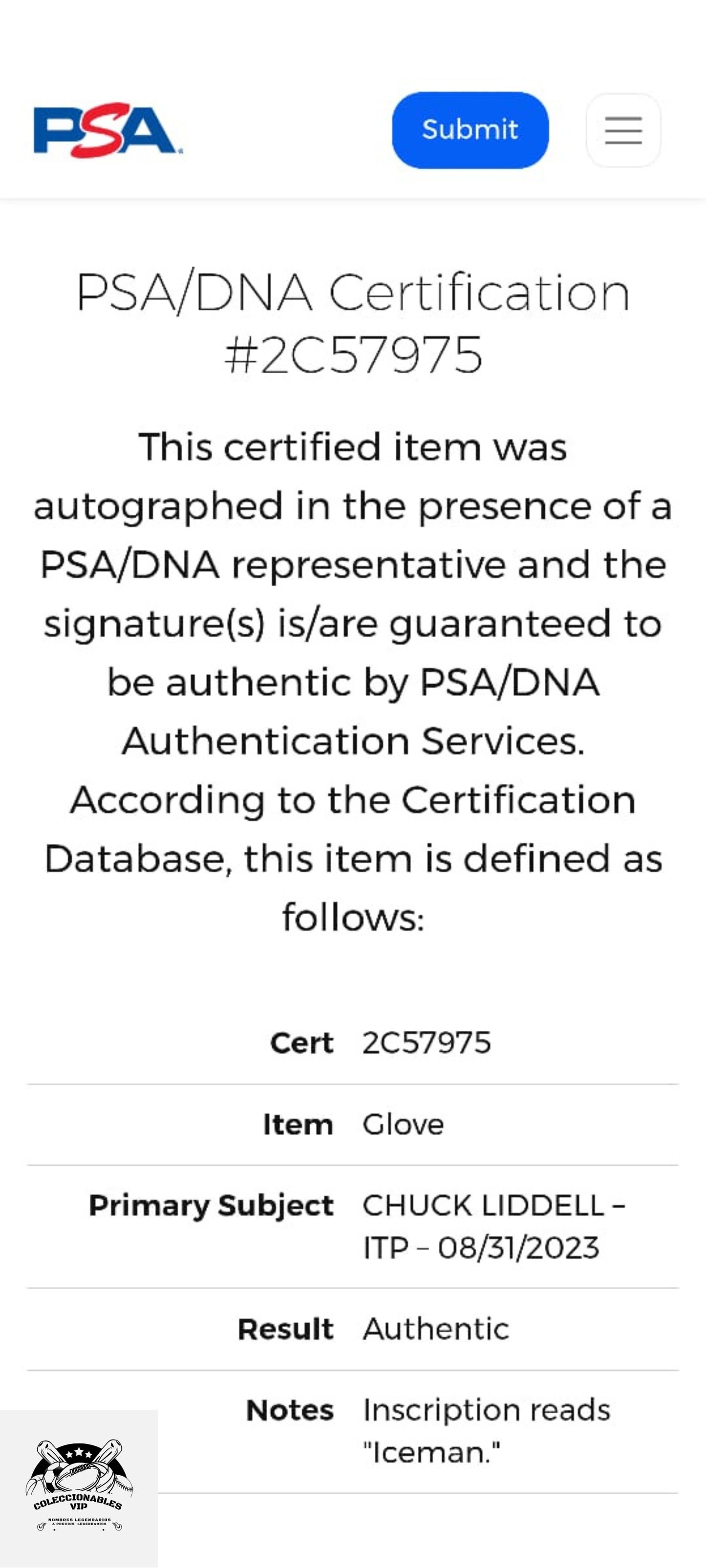 Chuck Liddell “The Iceman” guante autografiado certificado por PSA 2C57975