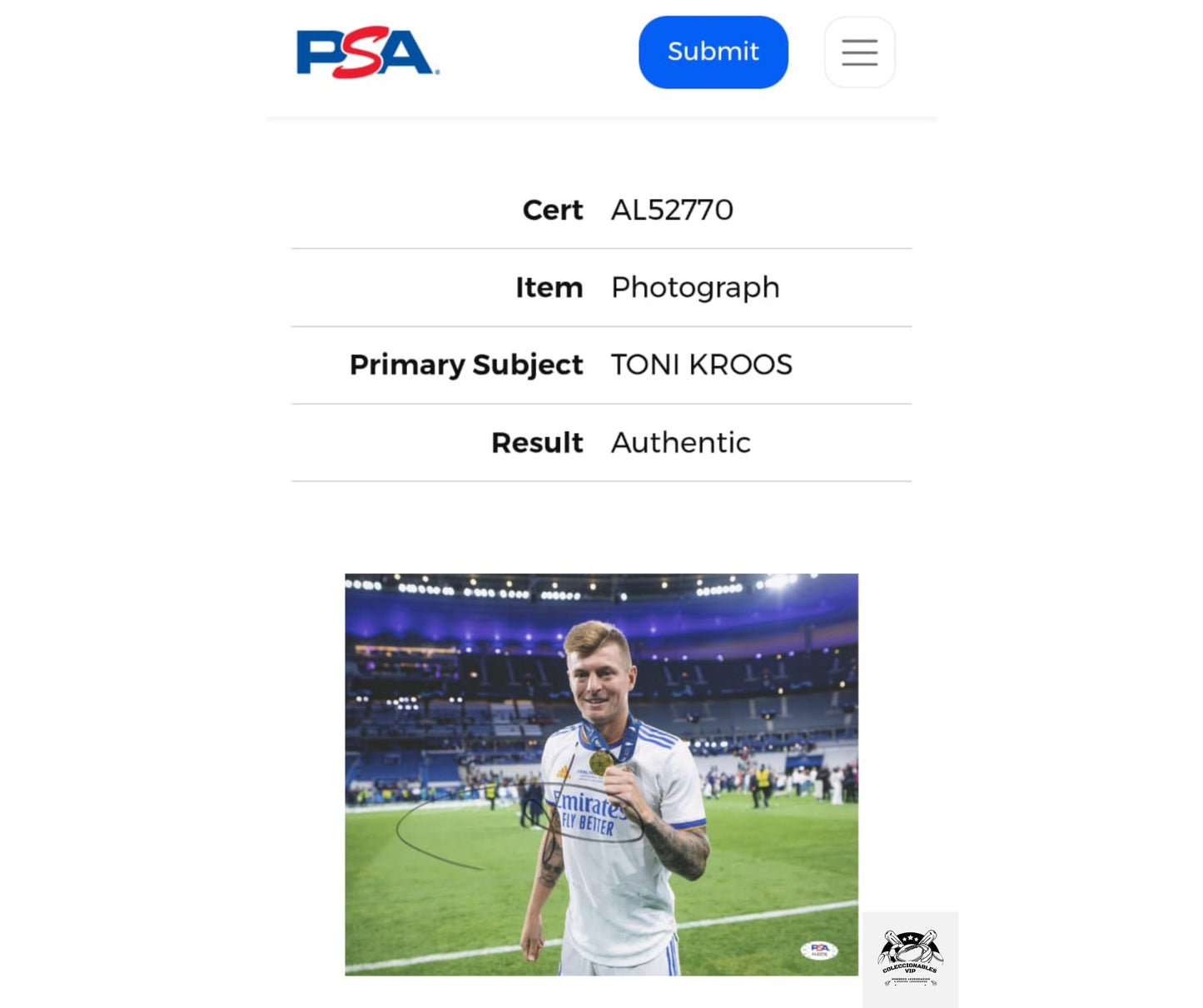 Toni Kroos fotografía Real Madrid autografiada certificada por PSA AL52770