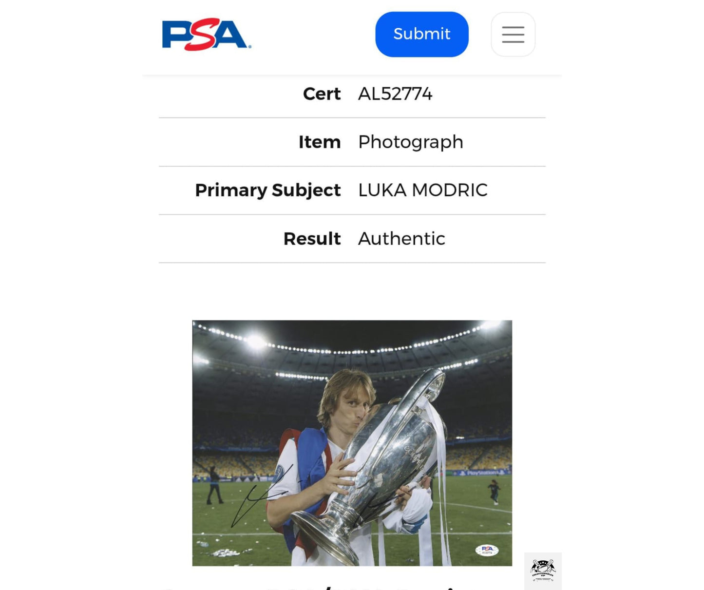 Luka Modric Copa fotografía autografiada certificada por PSA AL52774