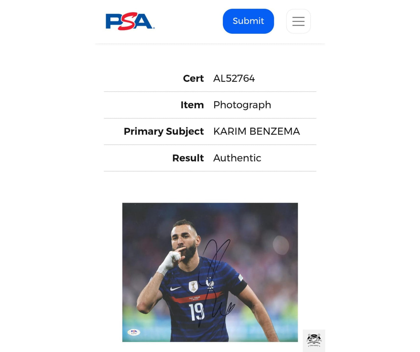 Karim Benzema Francia fotografía autografiada certificada por PSA AL52764