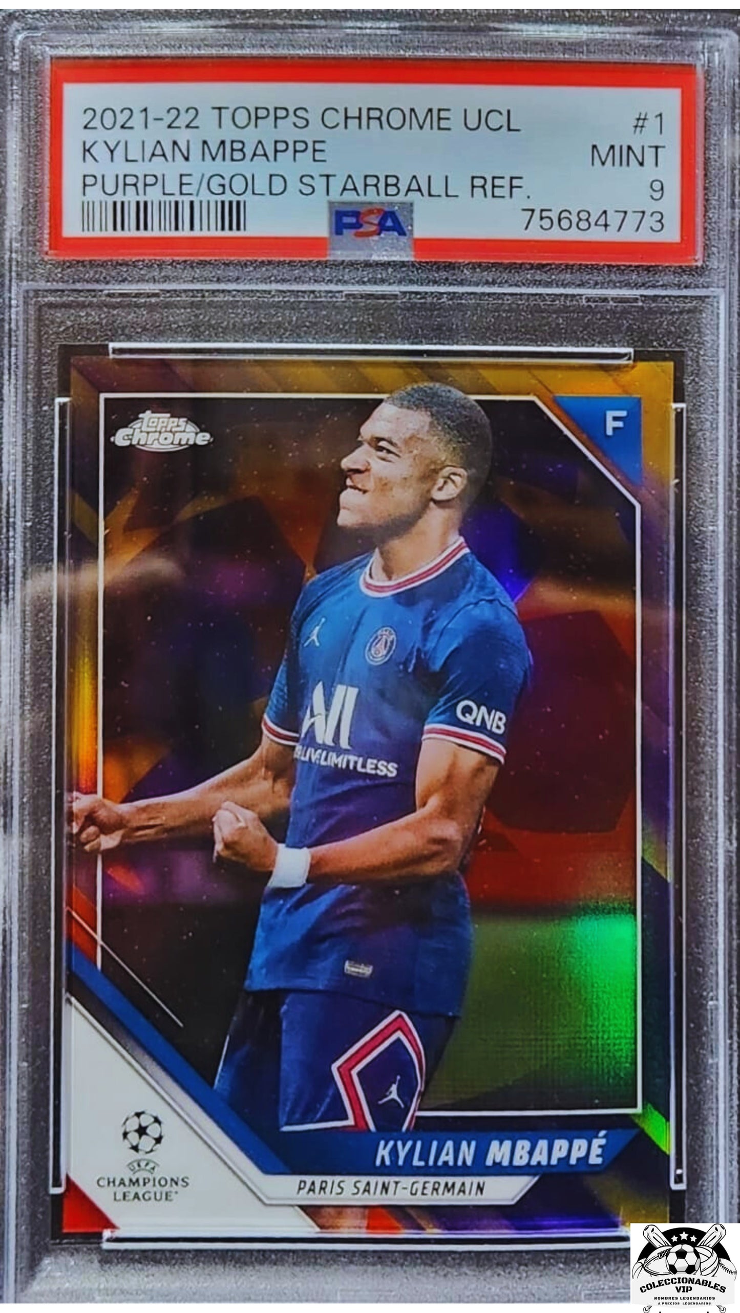 Kylian Mbappé tarjetas enmarcadas, una de ellas autografiada, firma autentificada por la compañía Beckett con el número 15600089.