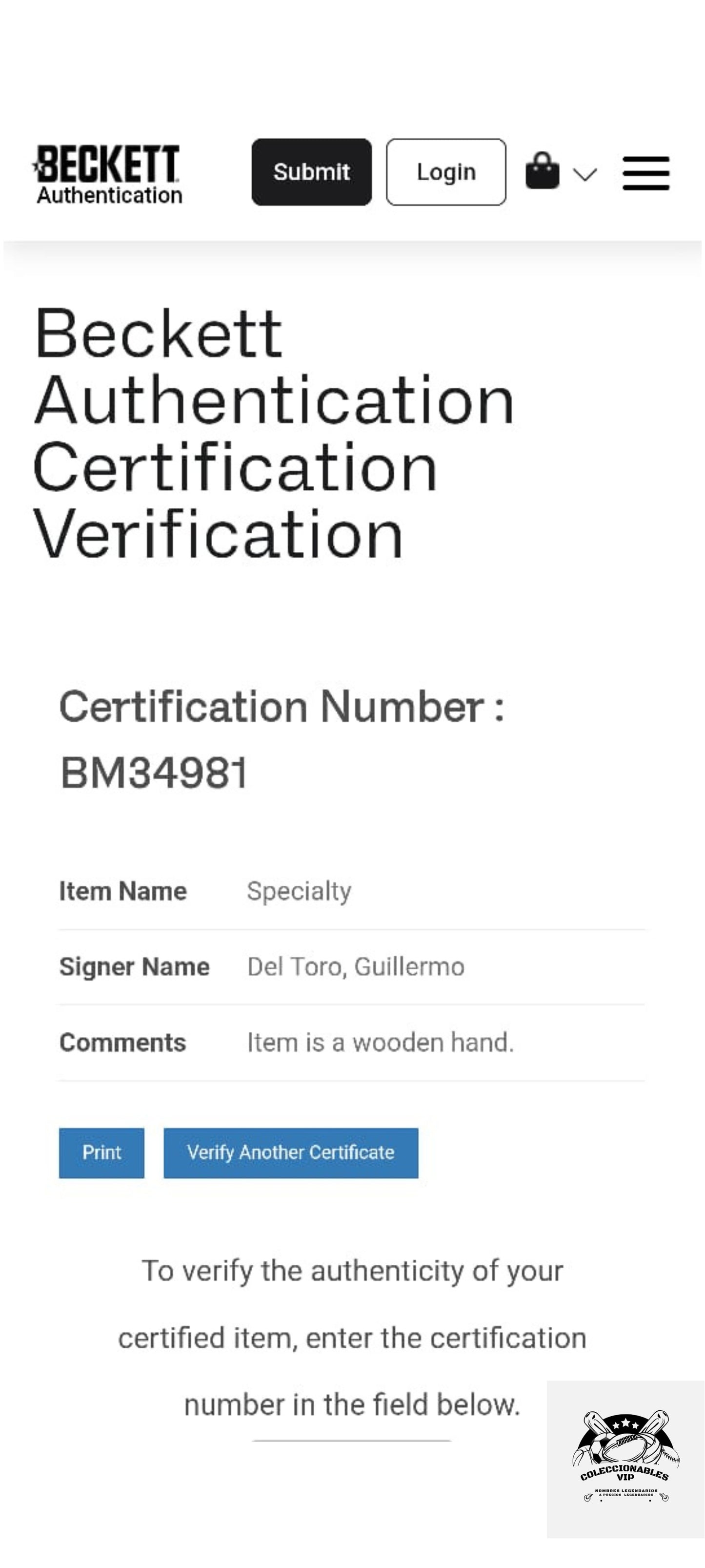 Guillermo del Toro manita de madera autografiada firma certificada por Beckett BM34981.
