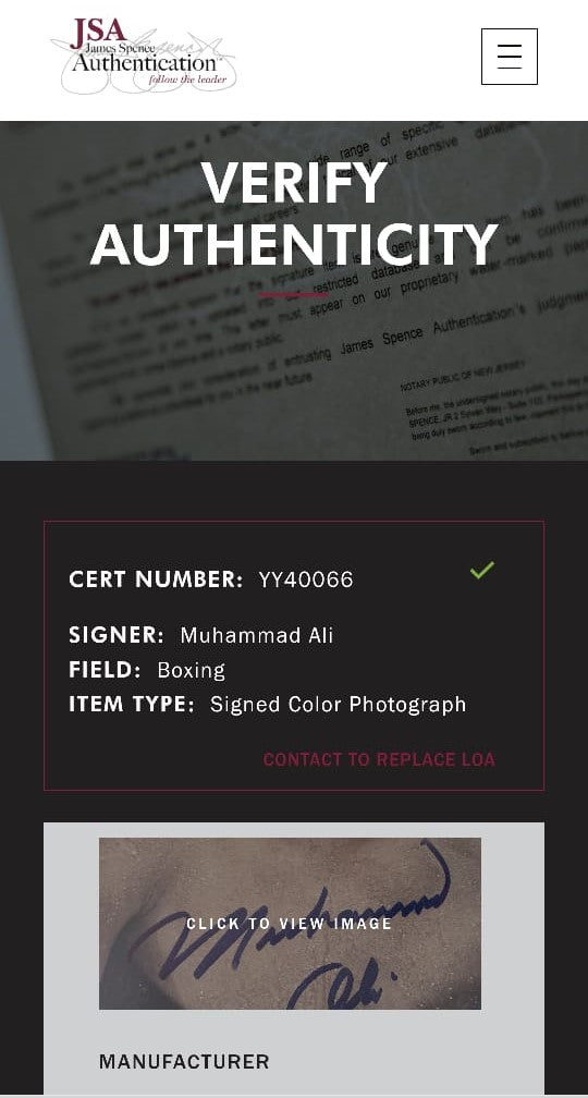 Fotografía autografiada por Muhammad Ali, firma certificada por la compañía JSA con el número YY40066.