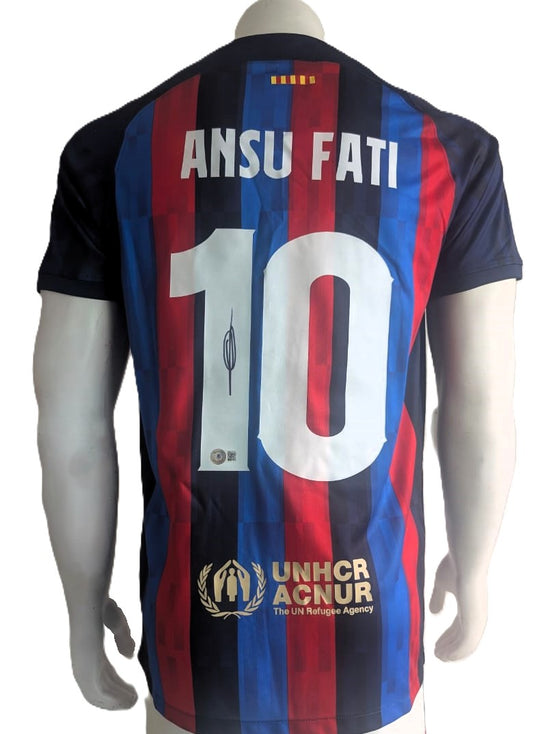 Ansu Fati Playera FC Barcelona autografiada firma autentificada por la compañía Beckett con el número BB32429.