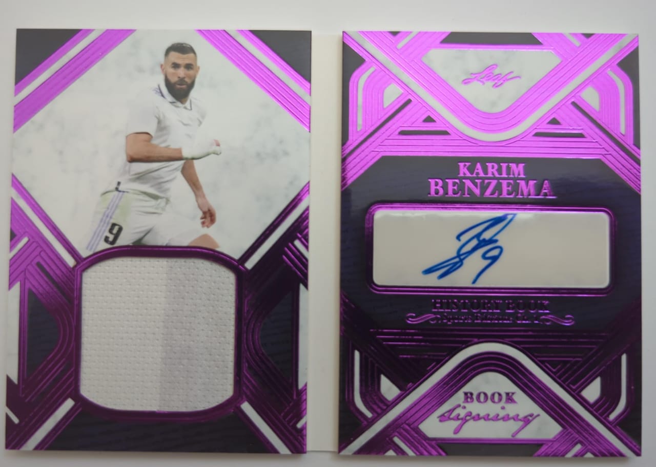 Karim Benzema Leaf History Book con pieza de playera y autografiado por el jugador pieza limitada 3 de 10