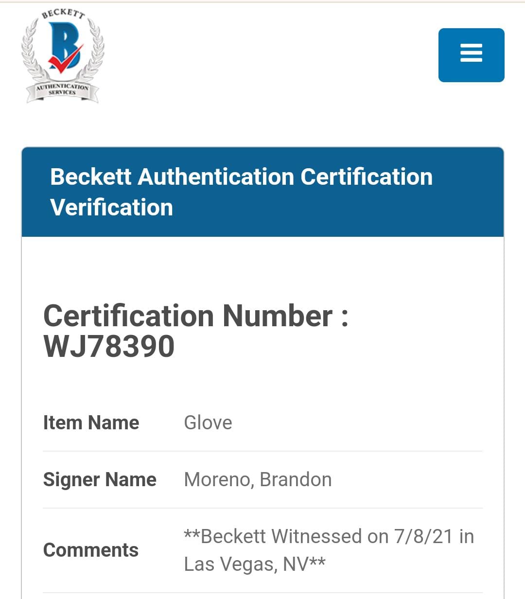 Guante autografiado por Brandon Moreno, firma certificada por la compañía Beckett con el número WJ78390.