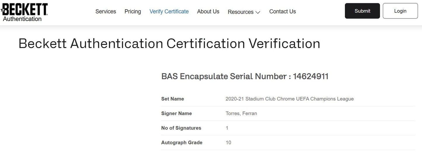 Ferran Torres Tarjeta 2020 - 21 Autografiada Manchester City Certificada por Beckett 00014624911