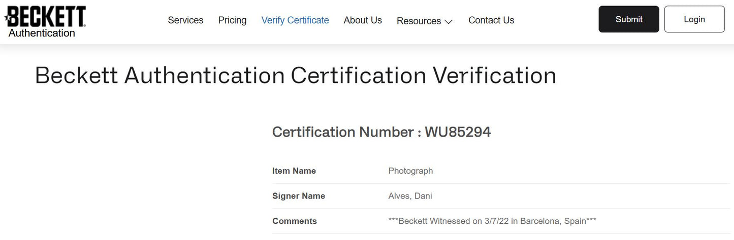 Dani Alves Fotografía Brasil Autografiada firma certificada por Beckett WU85294 y WU85295