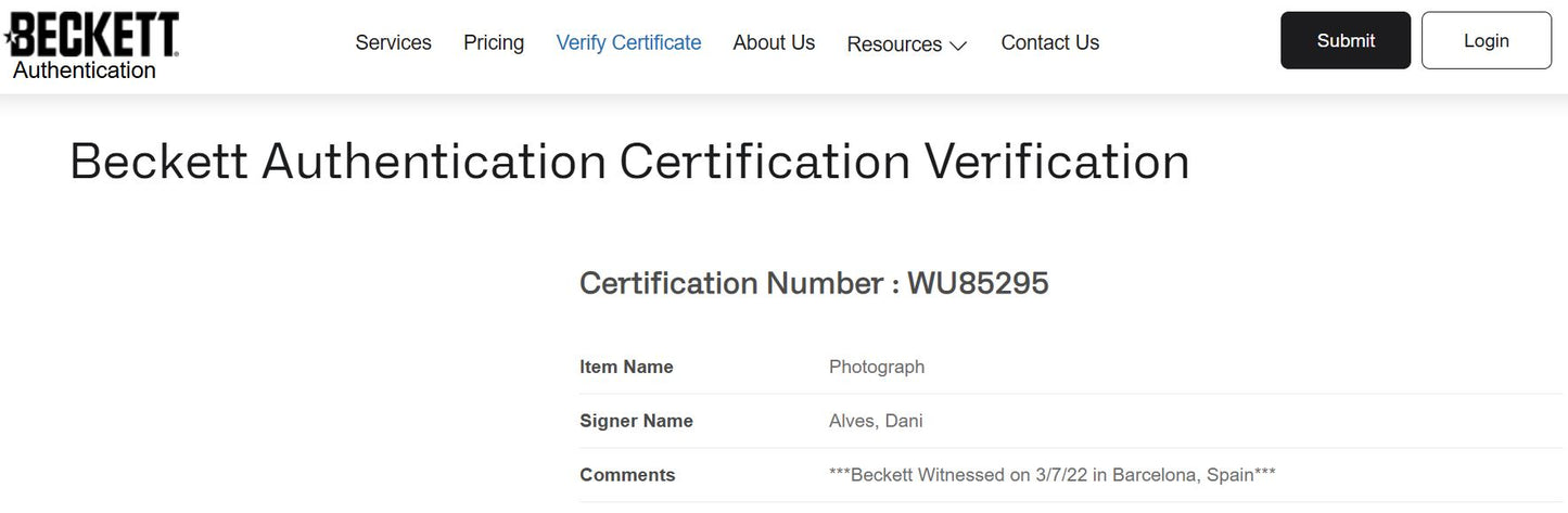 Dani Alves Fotografía Brasil Autografiada firma certificada por Beckett WU85294 y WU85295