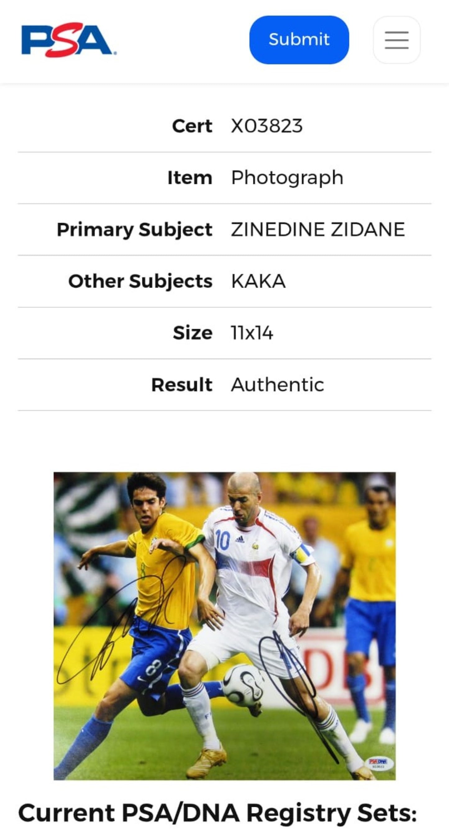 Zinedine Zidane y Kaka Foto autografiada Enmarcada firma autentificada por la compañía PSA con el número X03823.