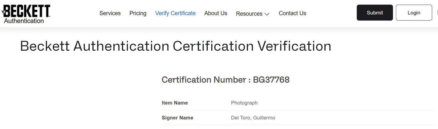 Guillermo del Toro fotografía autografiada La forma del Agua firma certificada por Beckett BJ31596 y BG37768.