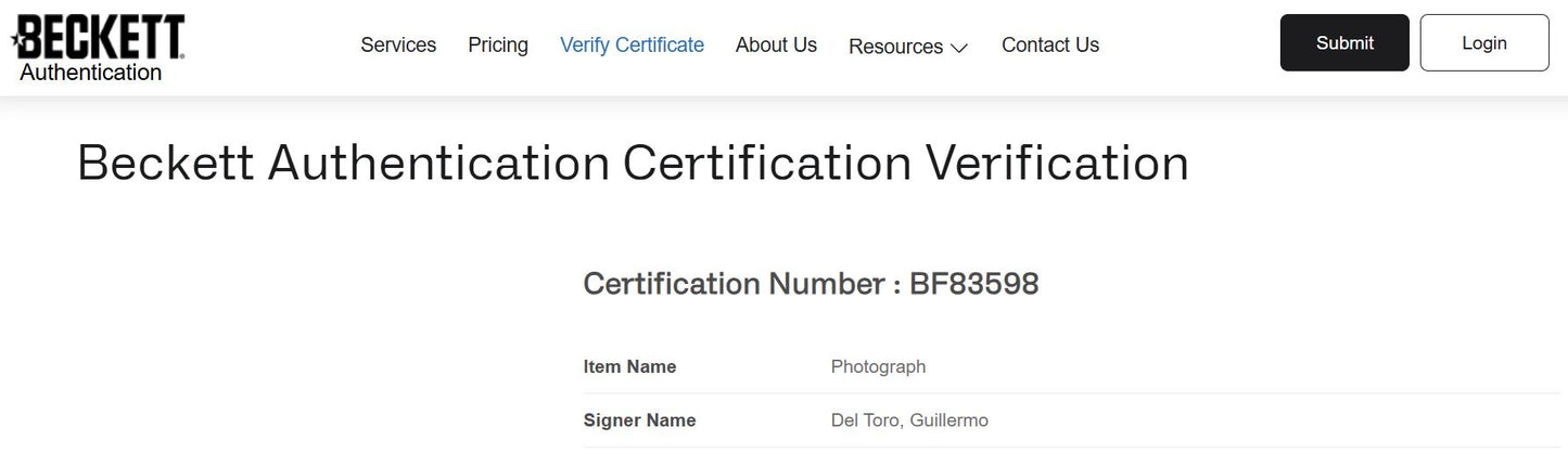 Guillermo del Toro fotografía autografiada Hellboy firma certificada por Beckett BF83598.