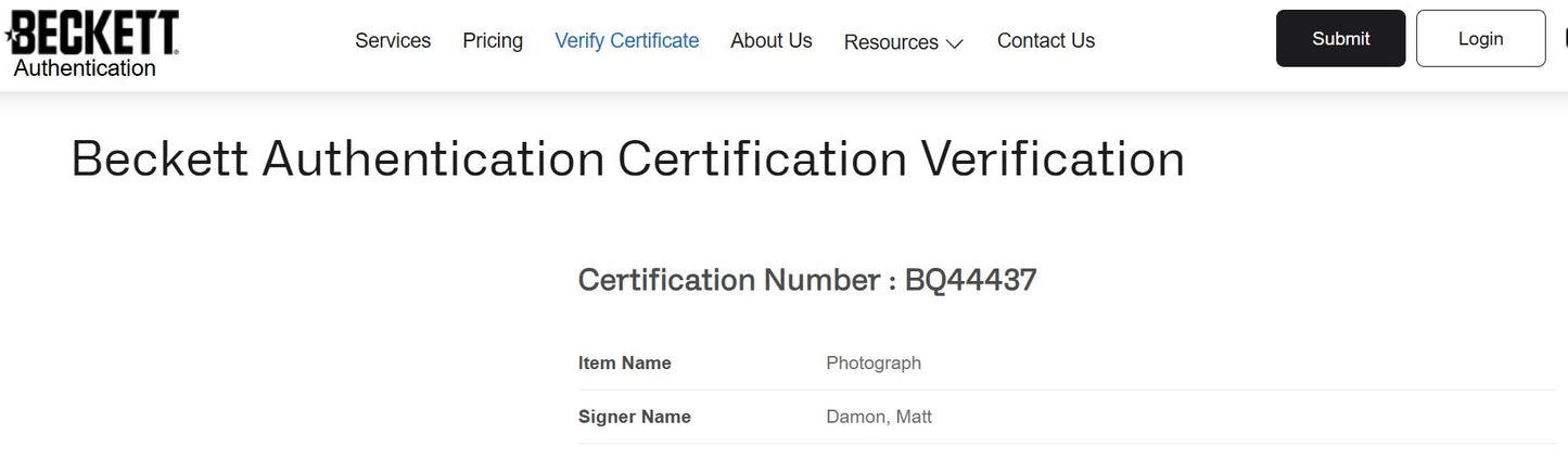 Matt Damon Fotografía autografiada “Los Infiltrados”, firma certificada por la compañía Beckett con el número BQ44437