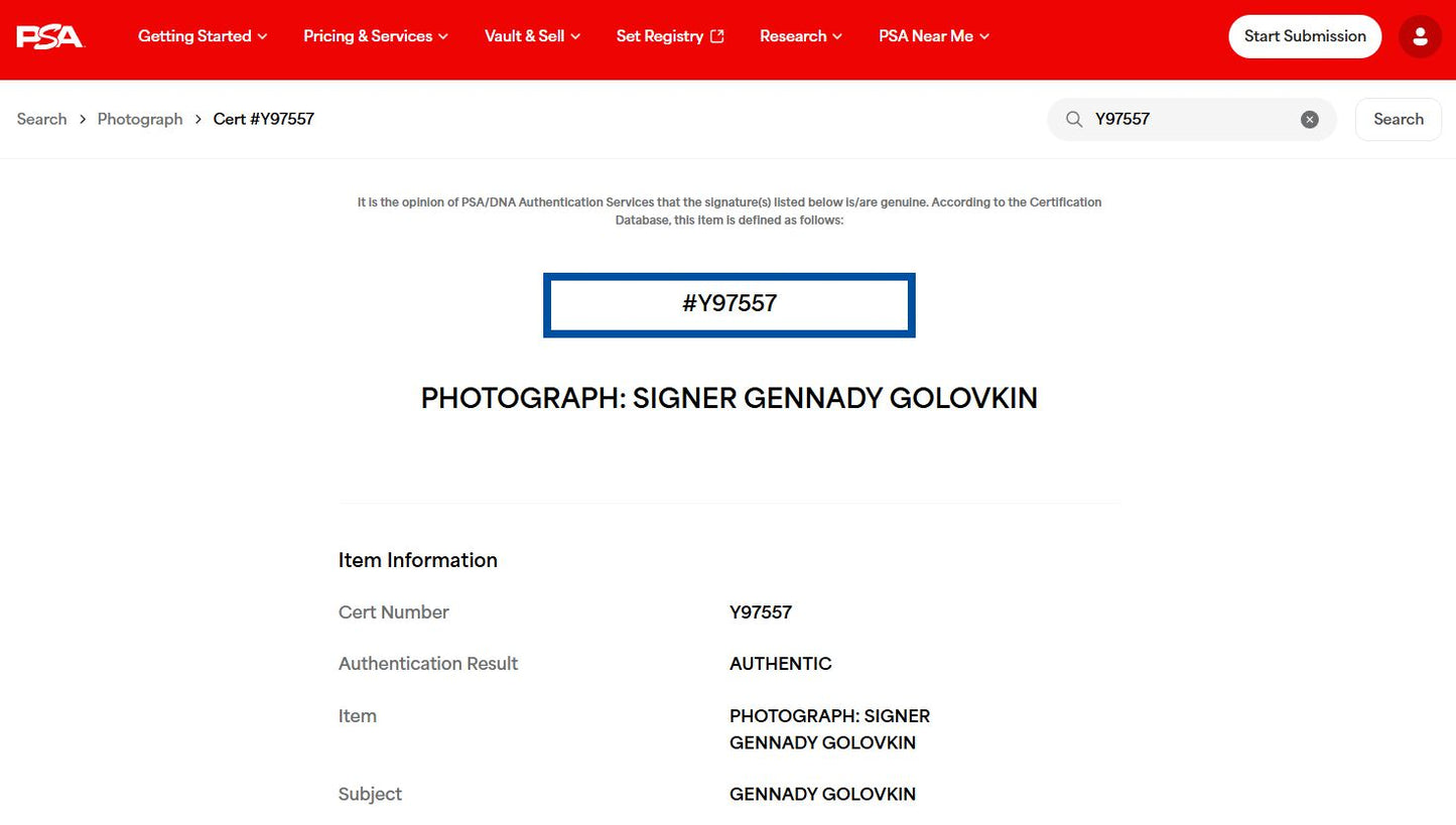Gennady GGG Golovkin Fotografía Autografiada firma certificada por PSA Y97557.