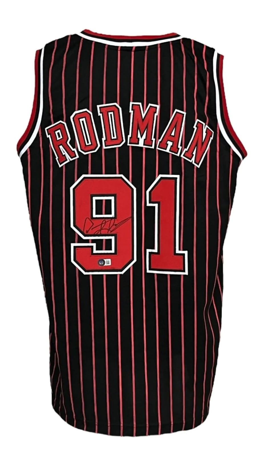 Playera autografiada por Dennis Rodman firma autentificada por la compañía Beckett con el número 1W031578.