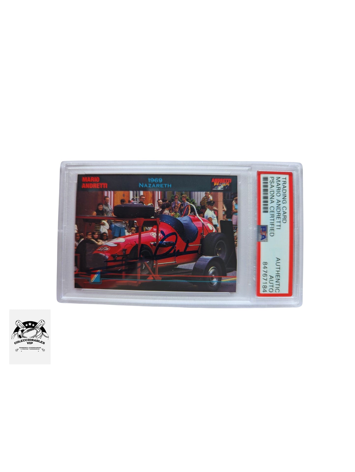 Tarjeta autografiada por la leyenda de la fórmula 1 Mario Andretti autenticada por PSA 84767184.