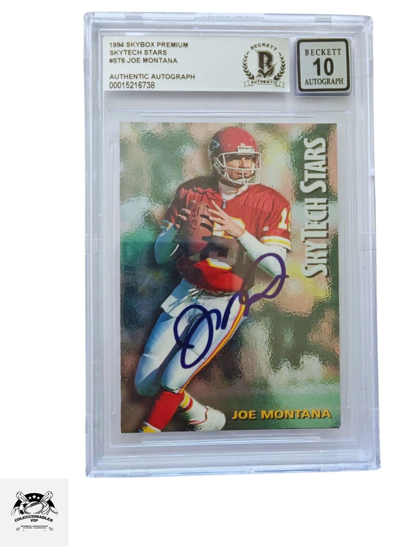 TARJETA Skybox Premium 00015216738 autografiada por Joe Montana certificado el autógrafo por Beckett.