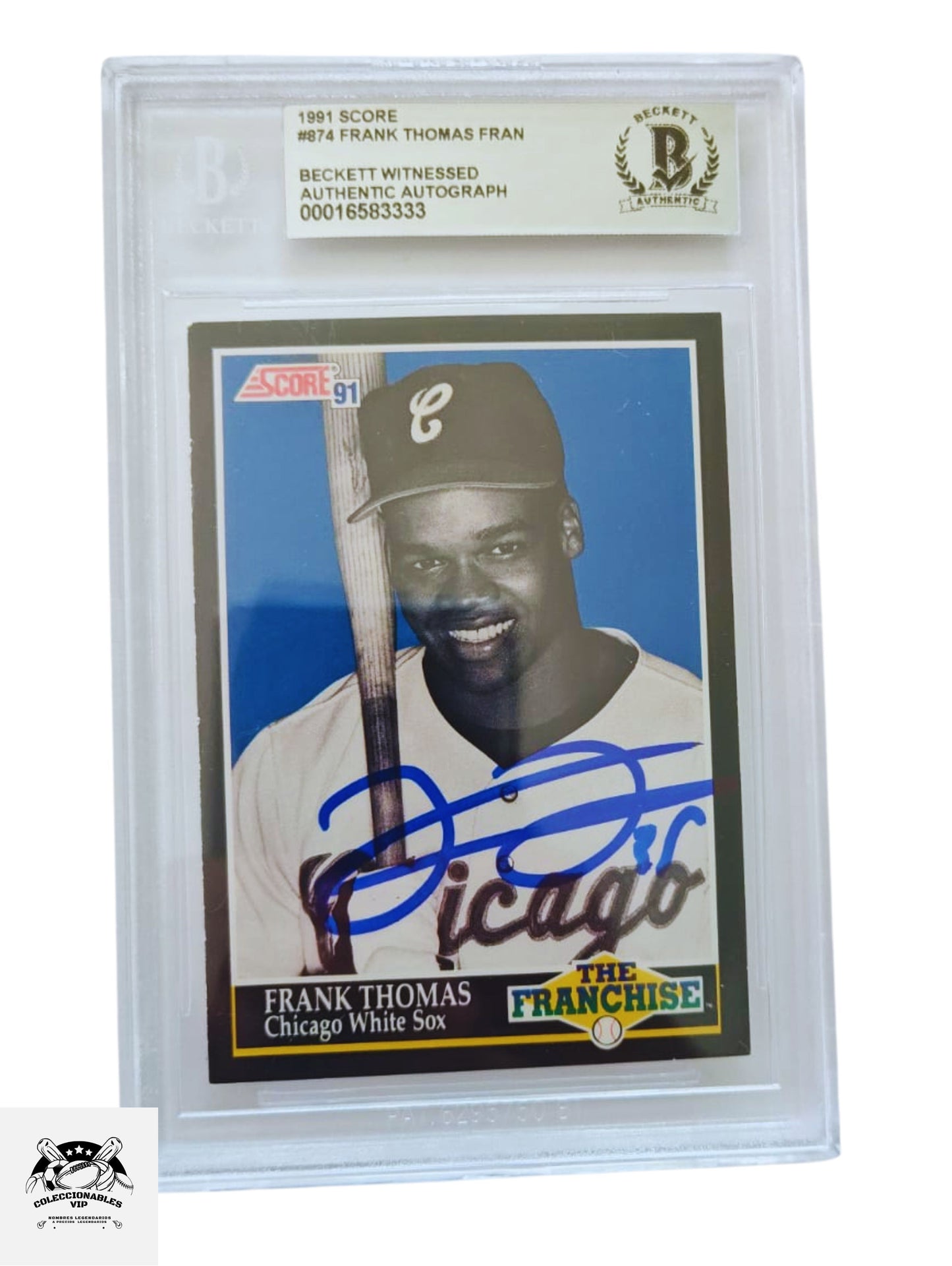 TARJETA Score 00016583333 autografiada por Frank Thomas Fran certificado el autógrafo por Beckett.