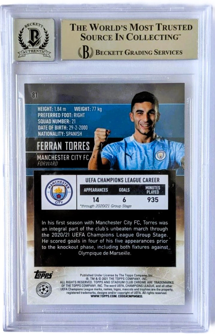 Ferran Torres Tarjeta 2020 - 21 Autografiada Manchester City Certificada por Beckett 00014624911