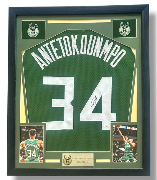 Giannis Antetokounmpo Playera Autografiada Milwaukee Bucks Enmarcada firma autenticada por la compañía JSA SS29027
