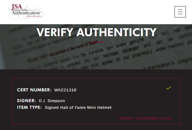O.J. Simpson Mini Casco firmado Hall of Fame certificado JSA WA221316.